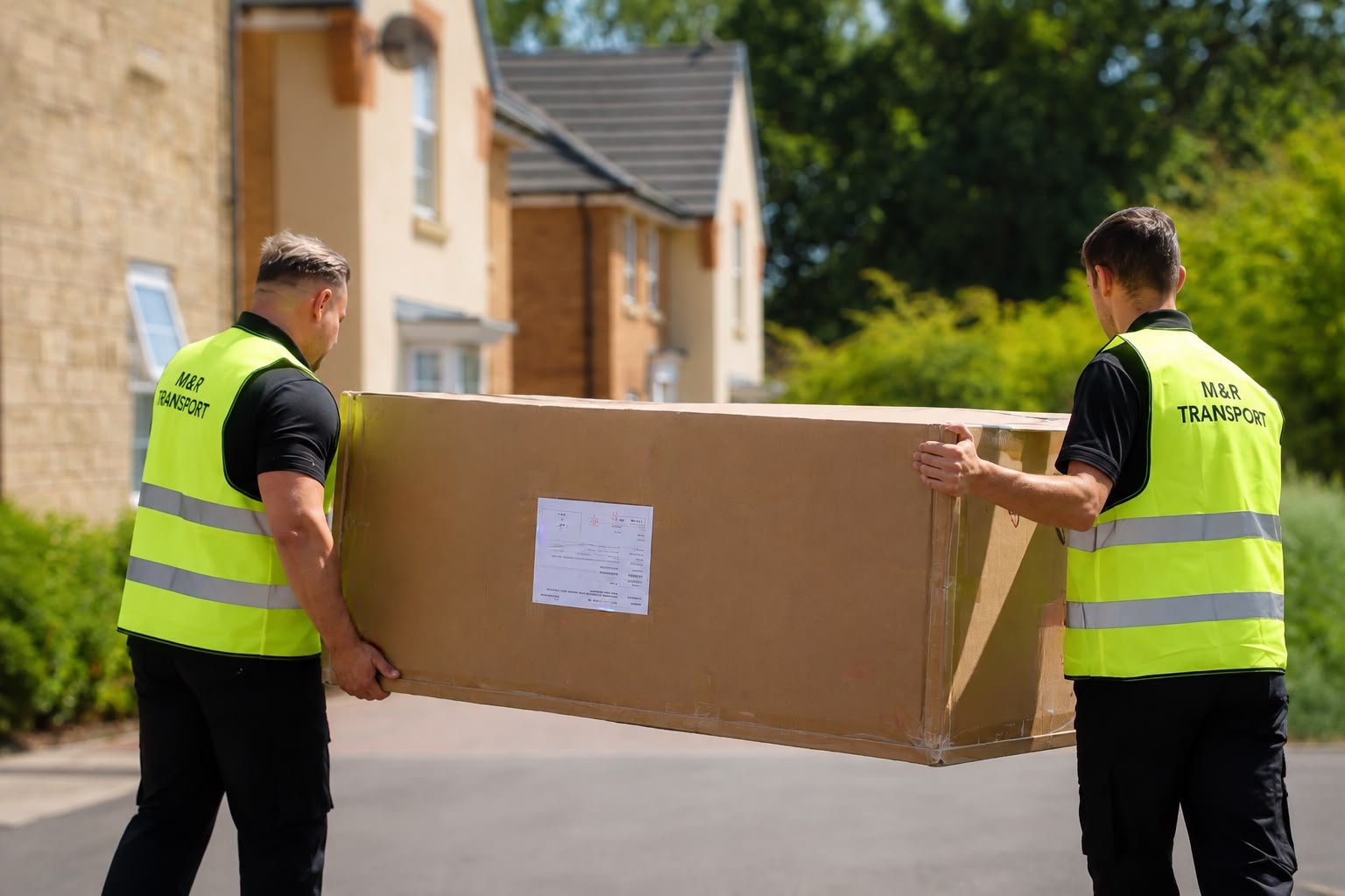 Two M&R Transport crew carrying a large boxed item to a house