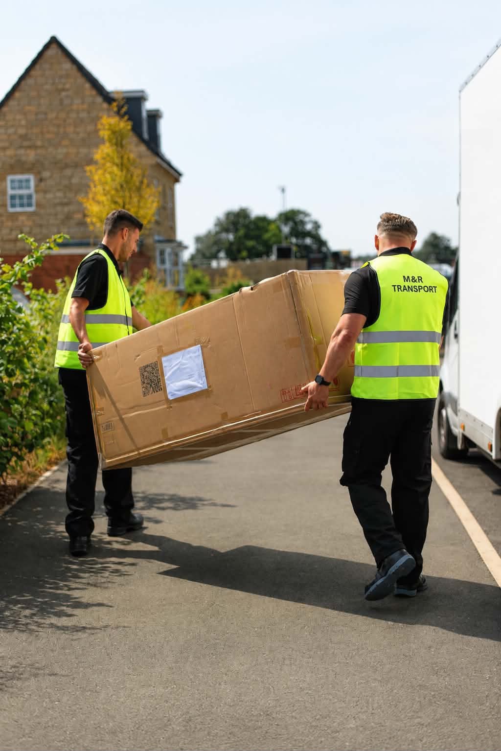 Two crew carrying a boxed item along the path to a front door